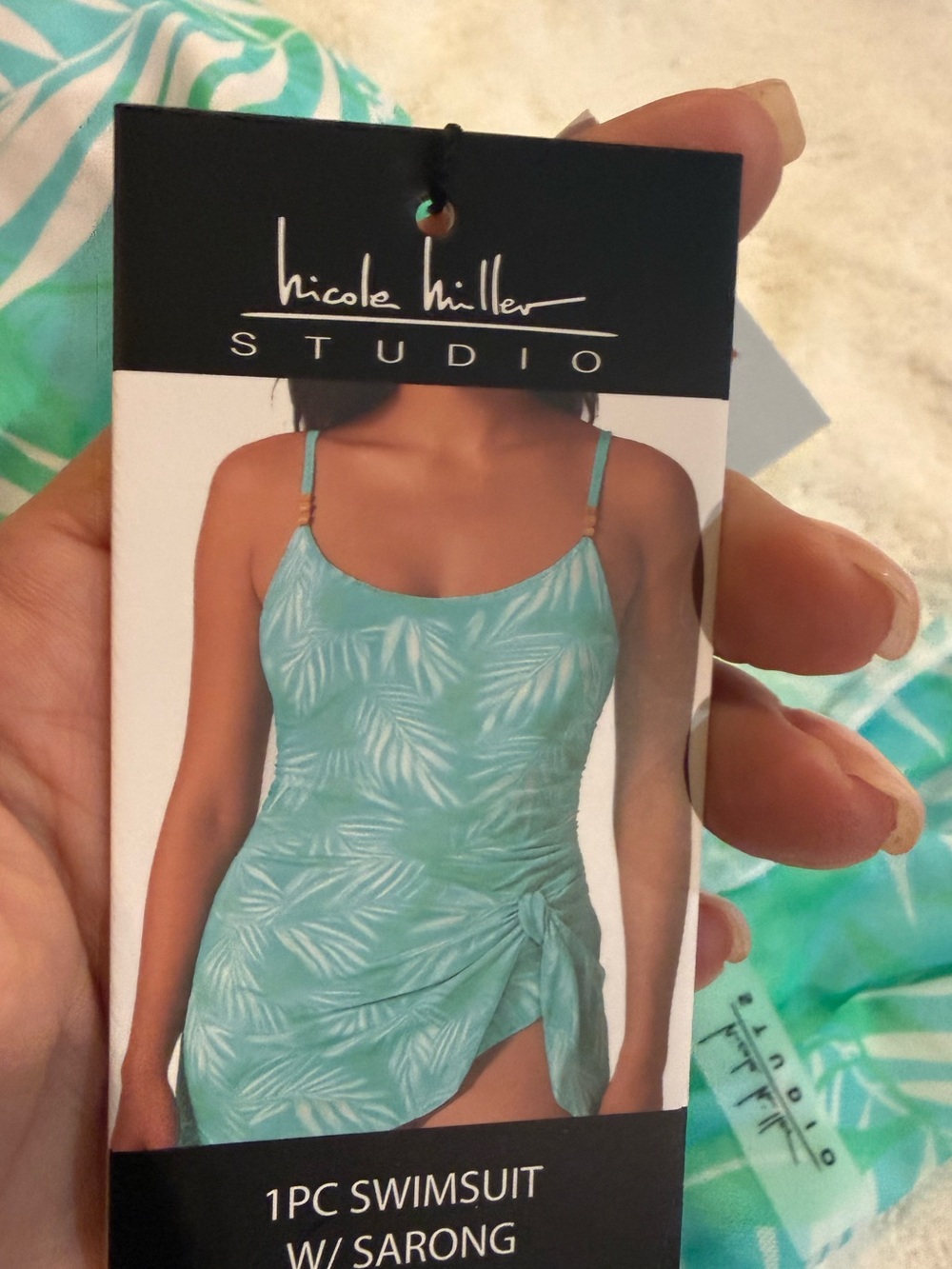 Nicole Miller Women’s One-Piece Swimsuit with Sarong - Mint/Teal Green Palm